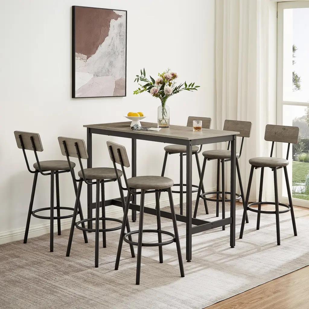 7 Piece Pub High Dining Table Set Industrial Style 6 Stools cz store