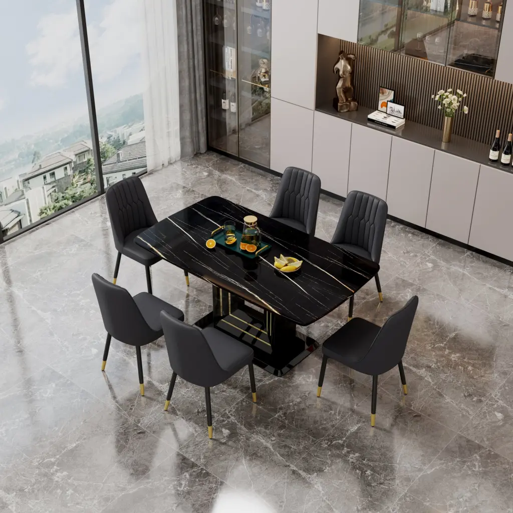 Black Imitation Marble Dining Table Set 6 Chairs Modern Kitchen Furniture droom w-1151