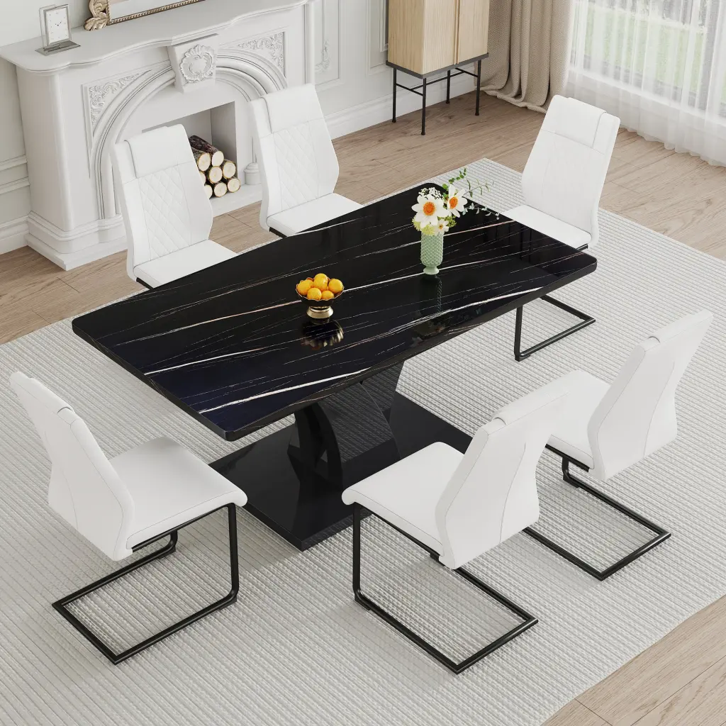 Modern Dining Table And Chair Set Black Tabletop And Black MDF Base droom w-1151