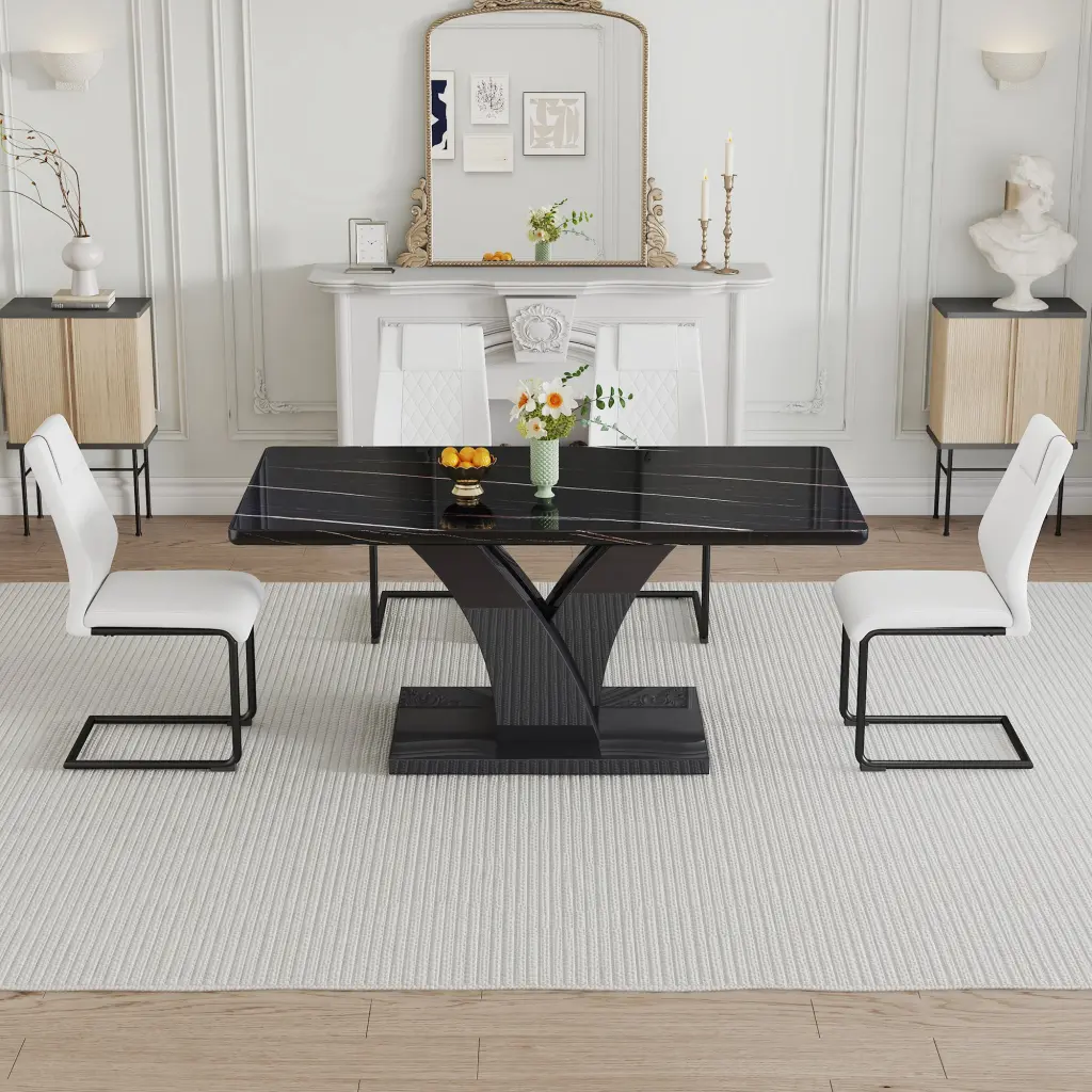 Modern Dining Table and Chair Set Black Tabletop Black MDF Base droom w-1151