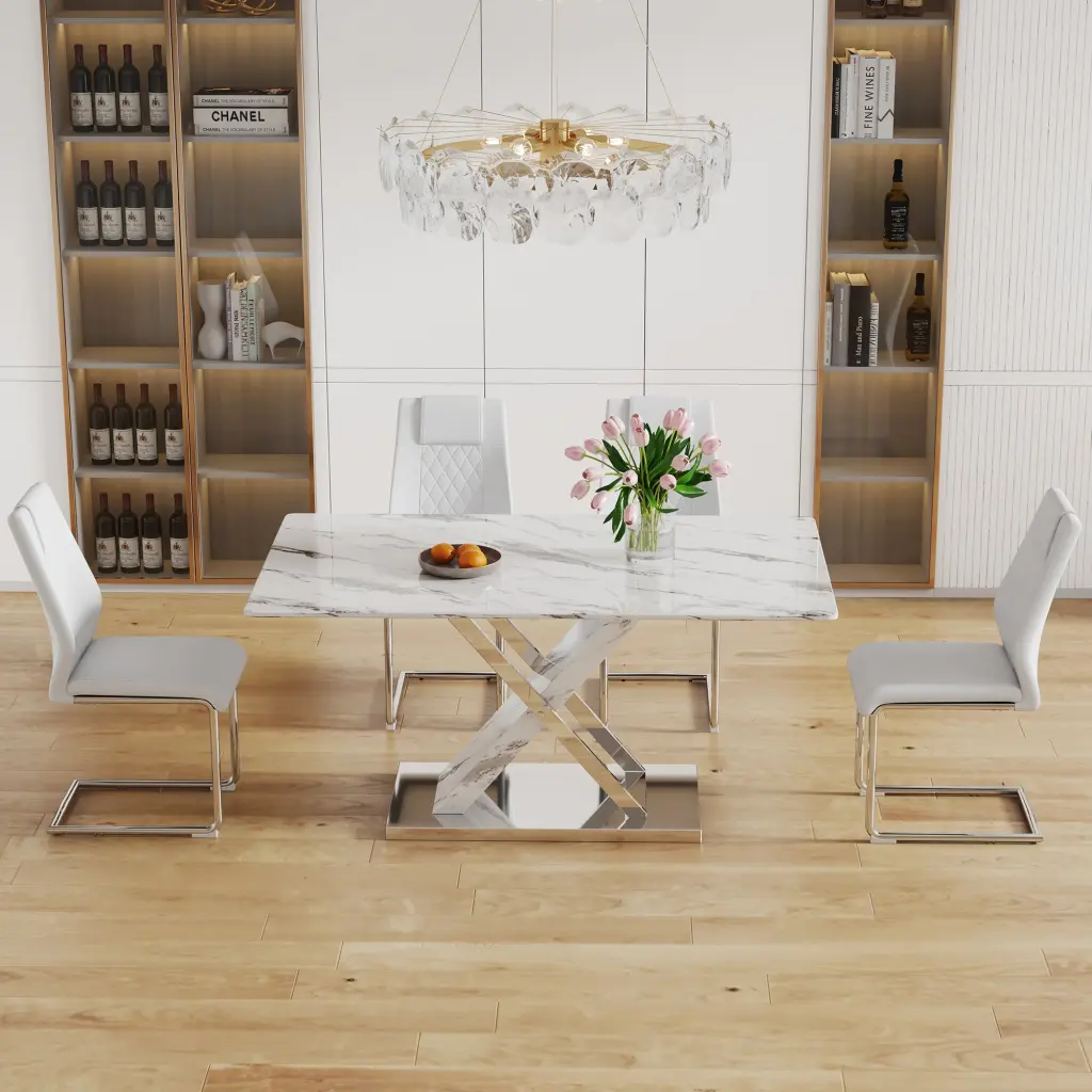 Modern Dining Table And Chair Set Imitation Marble White Top And Black Base droom w-1151