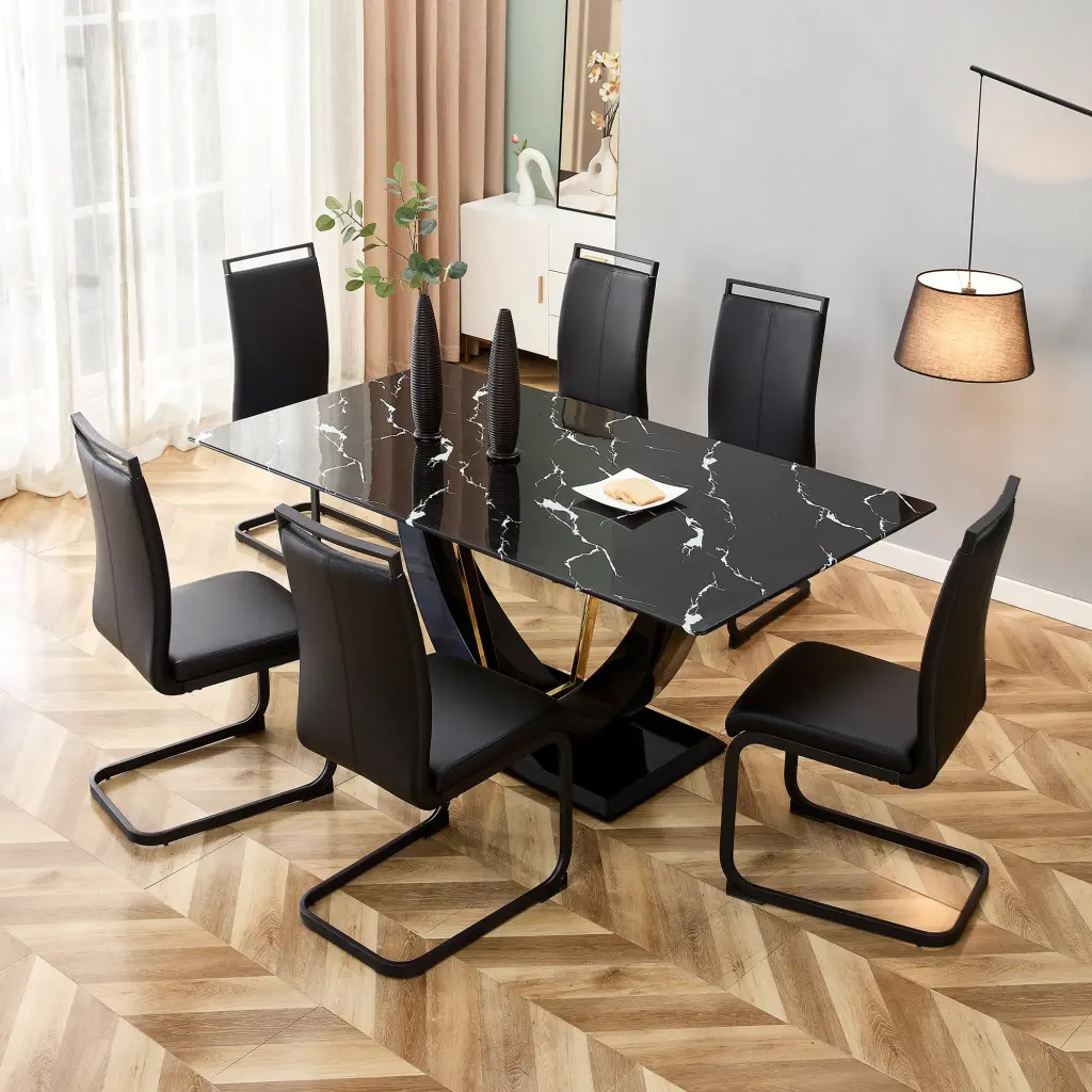 Modern Dining Table and Chair Set Patterned Table Top and Black Chairs - 4 Seater Kitchen Set droom w-1151