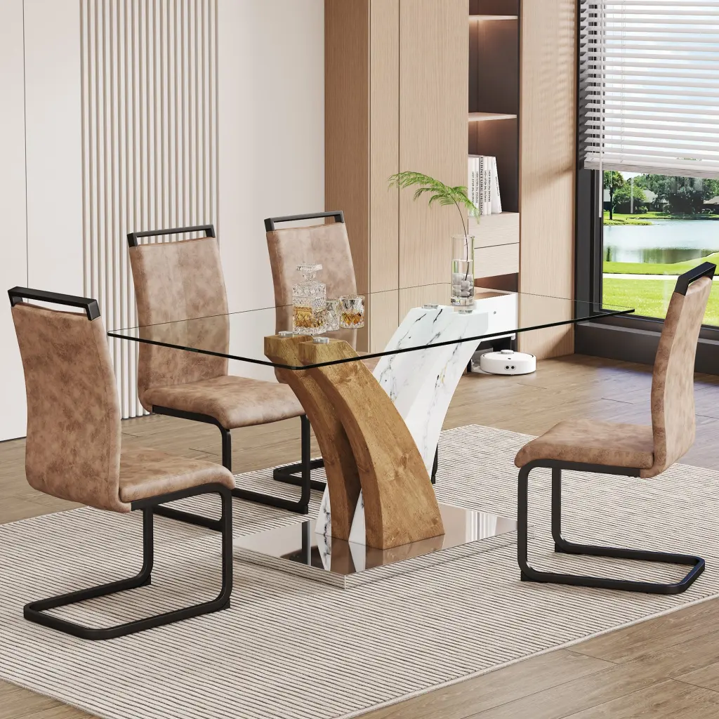 Modern Dining Table And Chair Set Tempered Glass Countertop Metal Base droom w-1151
