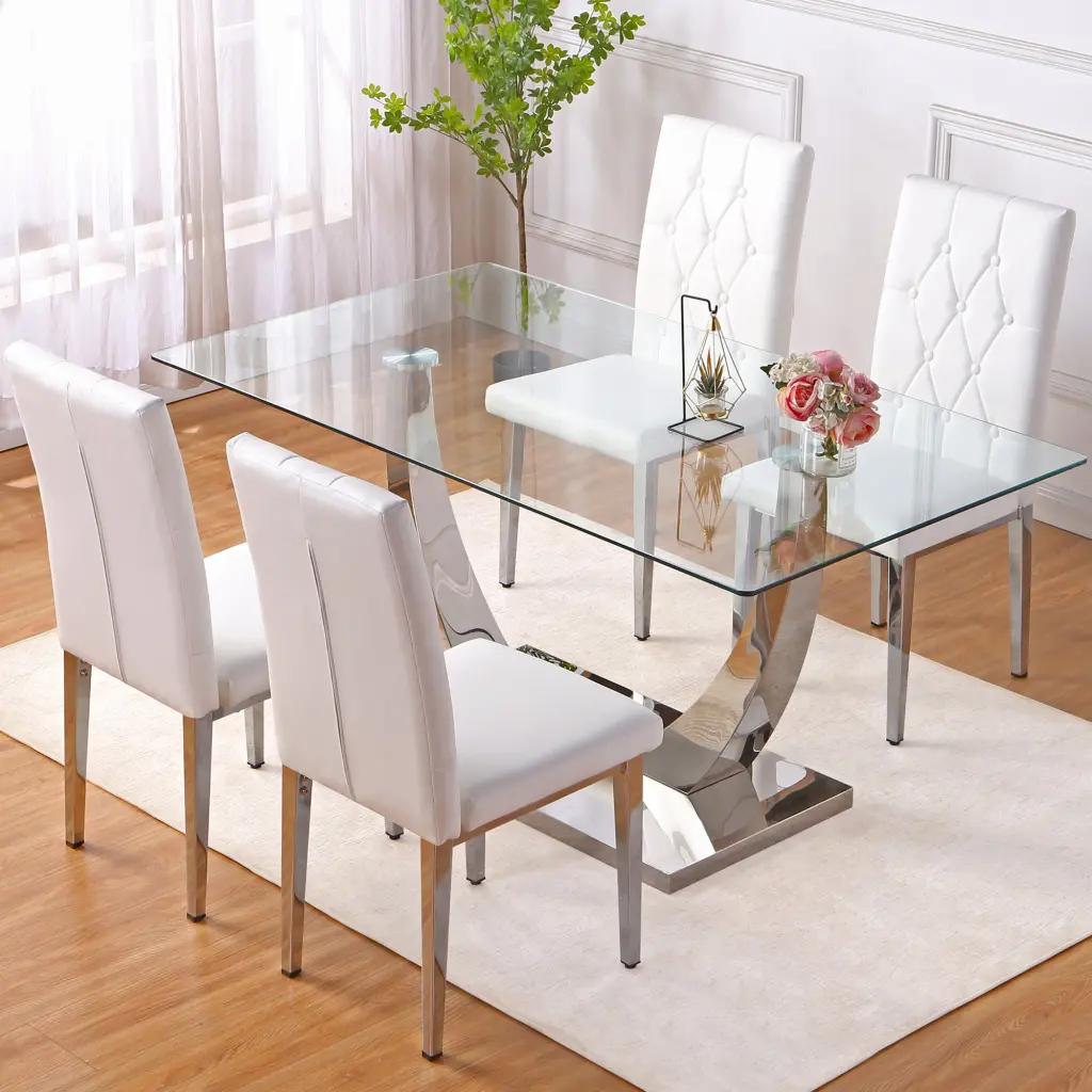 Modern Dining Table Set Tempered Glass Tabletop And 4 Chairs droom w-1151