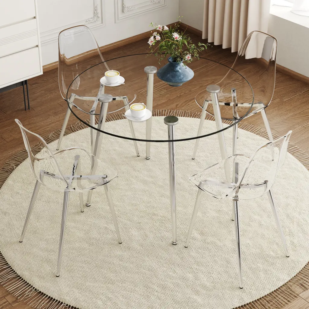 Modern Minimalist Round Dining Table Transparent Chairs Set droom w-1151