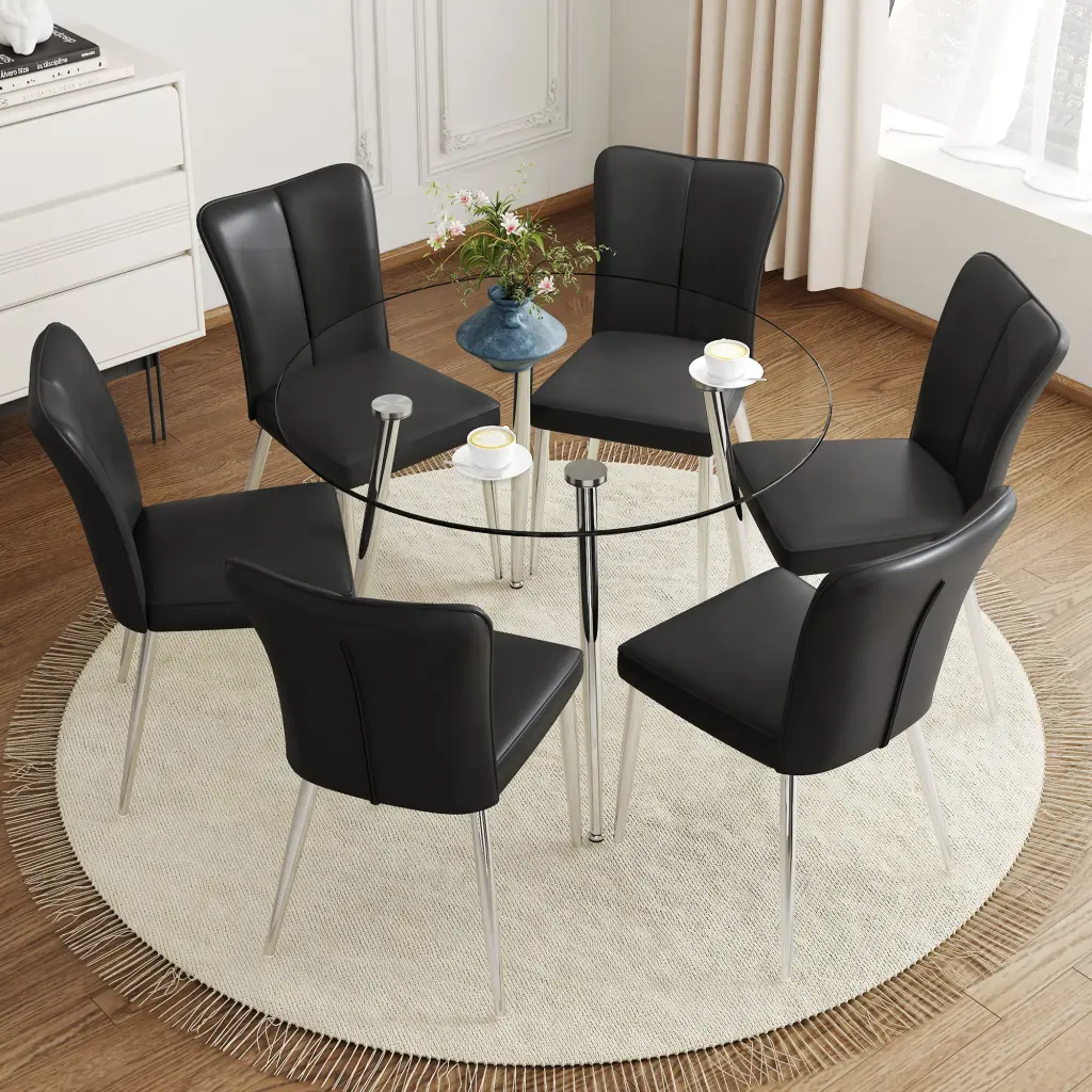 Modern Minimalist Round Dining Table Transparent Glass Top And Chair Set droom w-1151