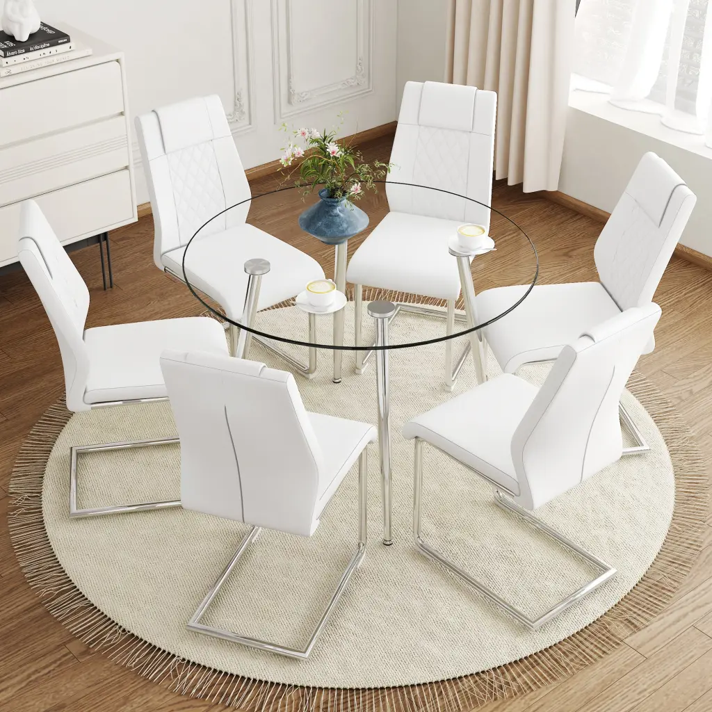 Modern Minimalist Round Dining Table Transparent Glass Top And Chair Set droom w-1151