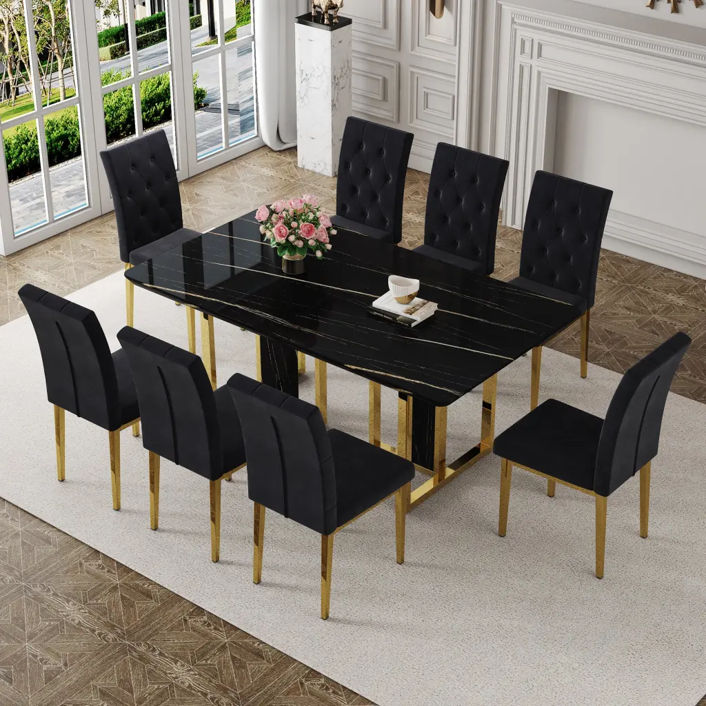 Modern Opulent Black Rectangular Patterned Dining Table and Chair Set droom w-1151