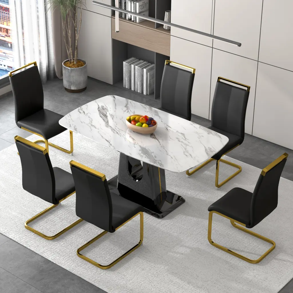 Modern White Imitation Marble Dining Table Set 6 Chairs - Effortless and Opulent droom w-1151