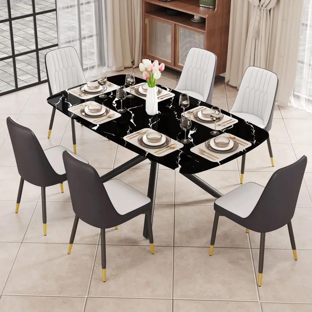 Rectangular Dining Table Set 6 Chairs And Imitation Marble Top droom w-1151
