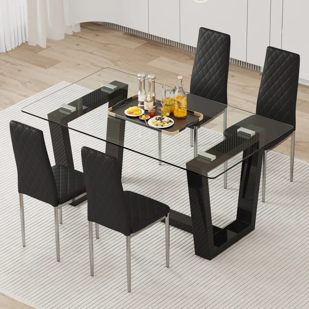 Rectangular Dining Table Set Tempered Glass Top And Chairs Modern Kitchen Furniture droom w-1151