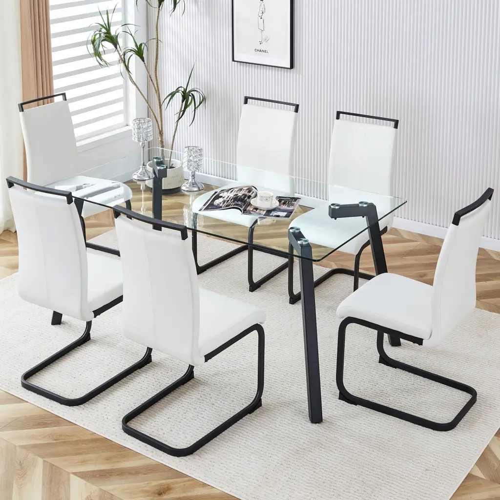 Rectangular Glass Dining Table Set 6 Chairs Modern Kitchen Furniture droom w-1151