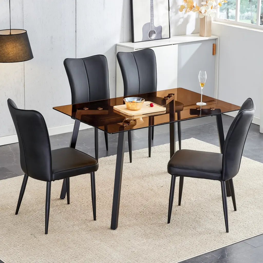 Rectangular Tea Brown Glass Dining Table Set 4 Black PU Chairs droom w-1151
