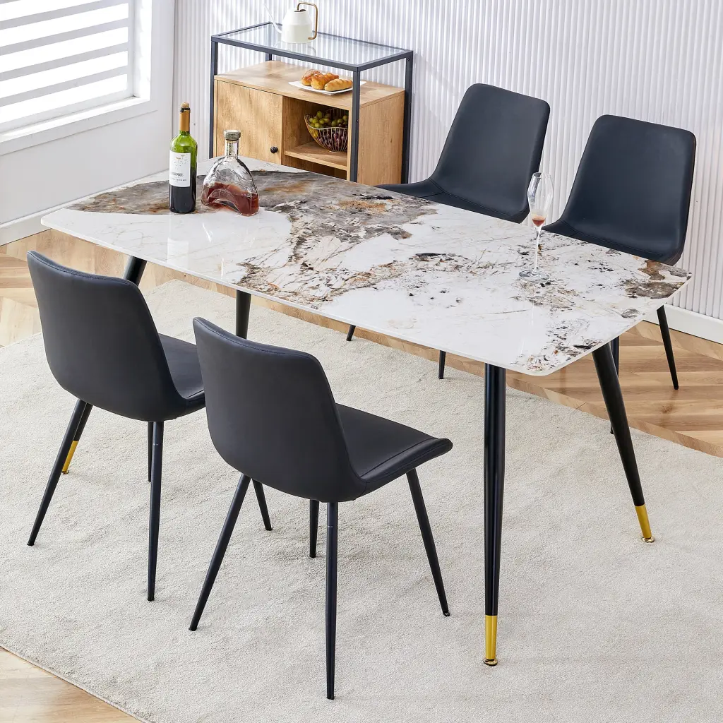 Table And Chair Set Imitation Marble Texture Rock Board Table Top Black Modern Dining Set droom w-1151
