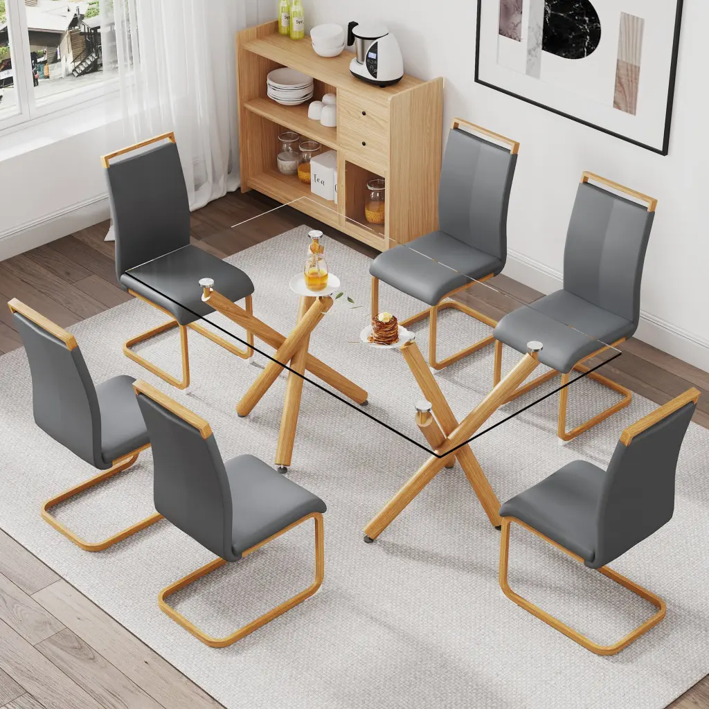 1 Table And 6 Chairs Glass Dining Table 0.39 Tempered Glass Top Modern Kitchen Furniture Set droom w-1151