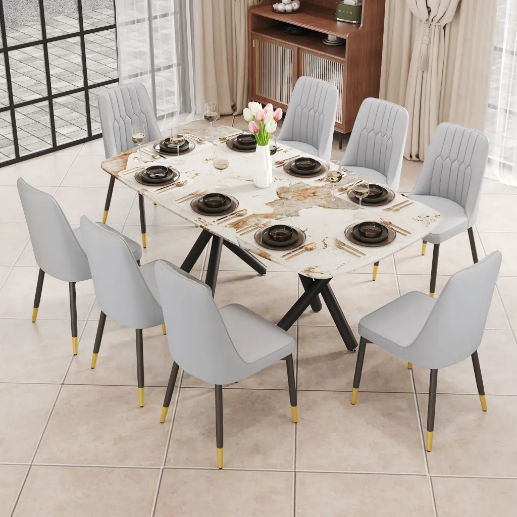 1 Table And 8 Chairs Set Rectangular Dining Table 0.39 Inch Thick Top Kitchen Furniture droom w-1151