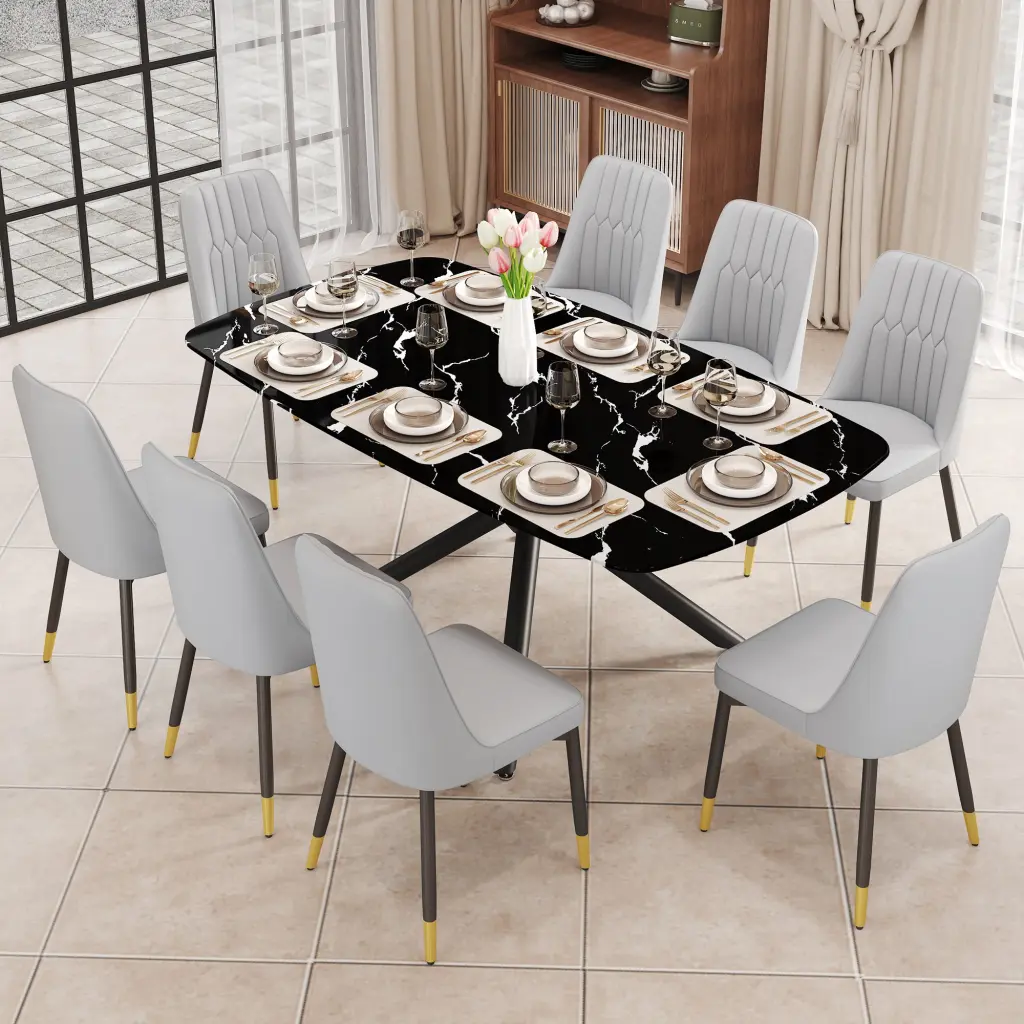 1 Table And 8 Chairs Set Rectangular Dining Table Imitation Marble Top droom w-1151