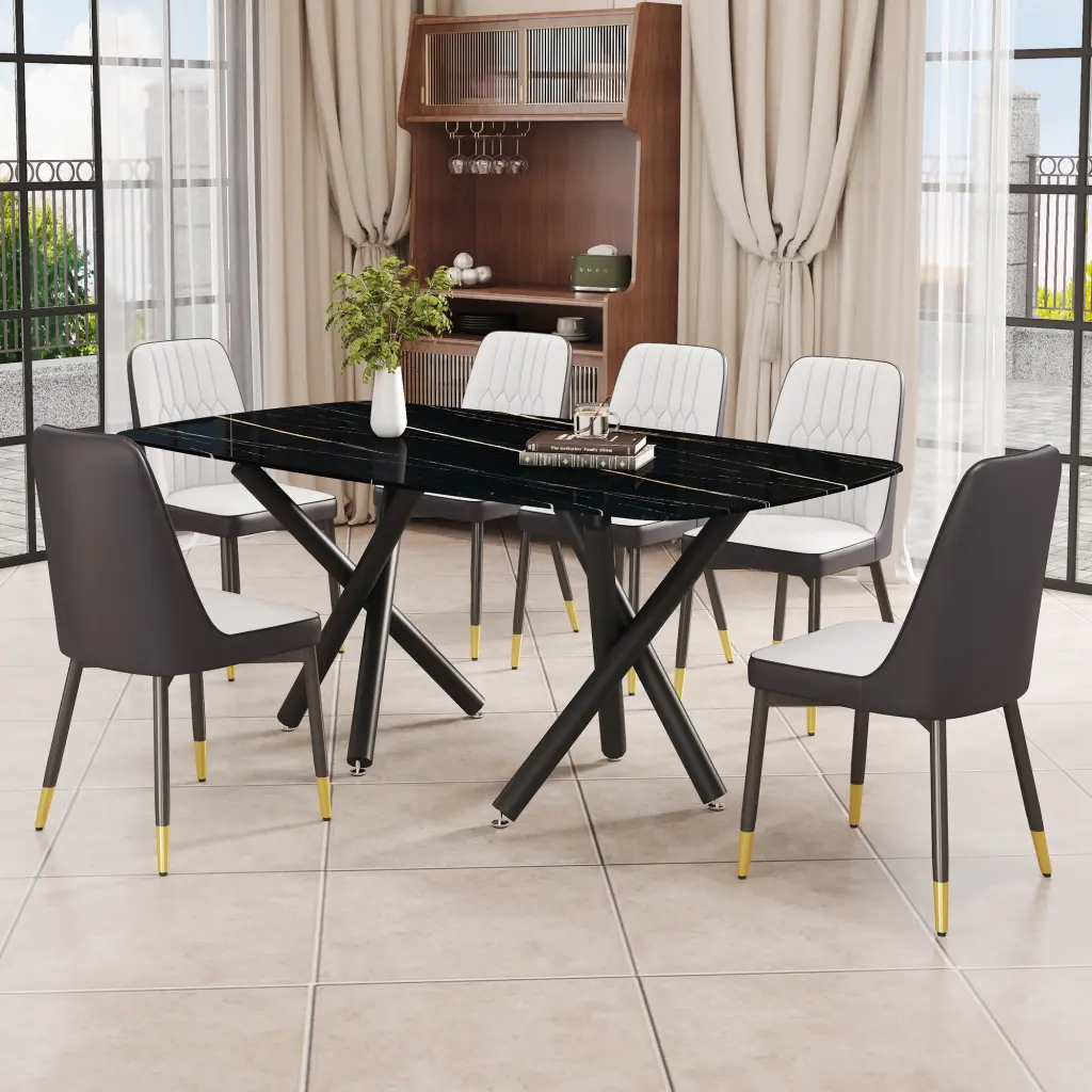 1 Table And 6 Chairs Set Rectangular Dining Table Imitation Marble Top droom w-1151