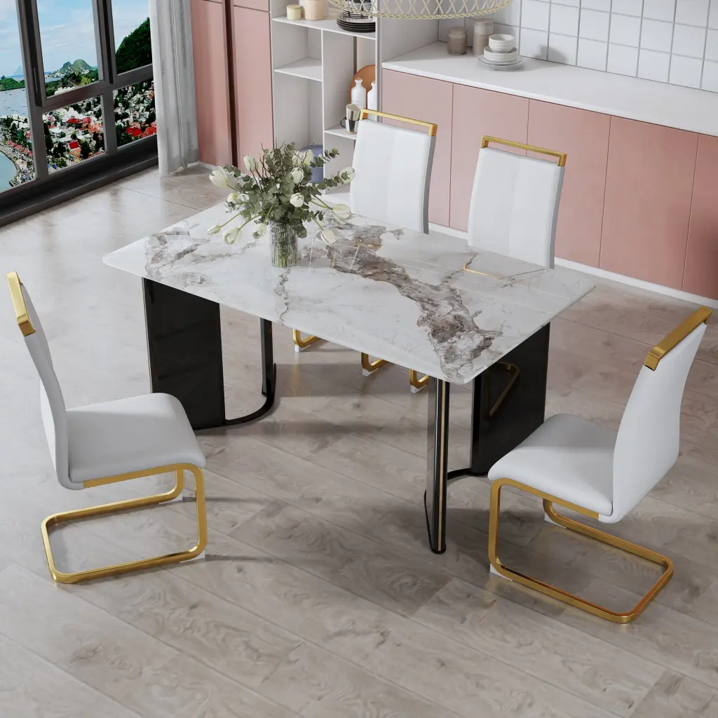 White PU Backrest Chair Set Gold Accents and Table 4 Piece Dining Set droom w-1151