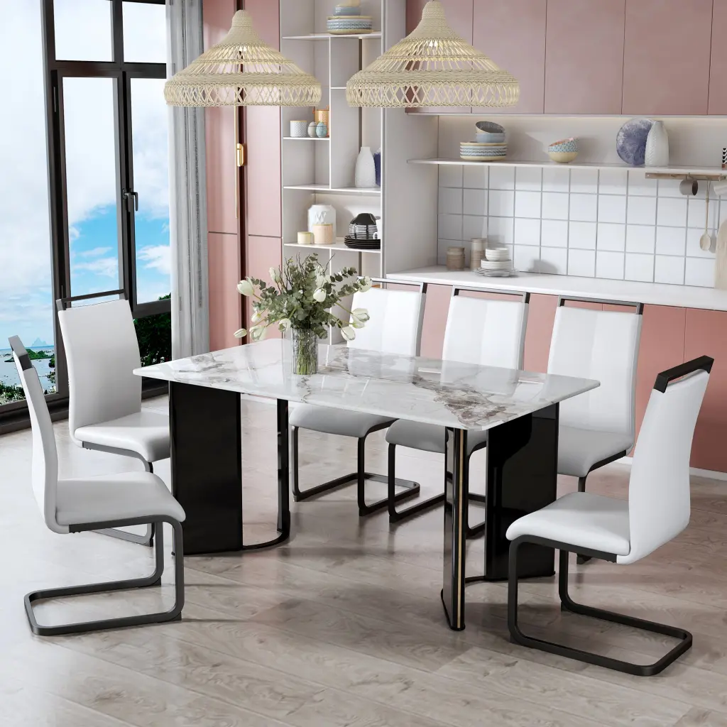 White Imitation Marble Table and Chair Set MDF Legs Modern Dining droom w-1151