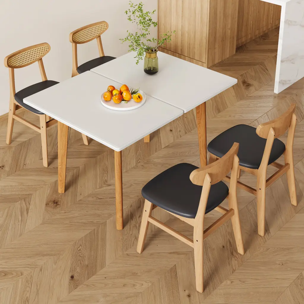 White Sintered Stone Tabletop Rubberwood Legs Dining Table Chair Set droom w-1151
