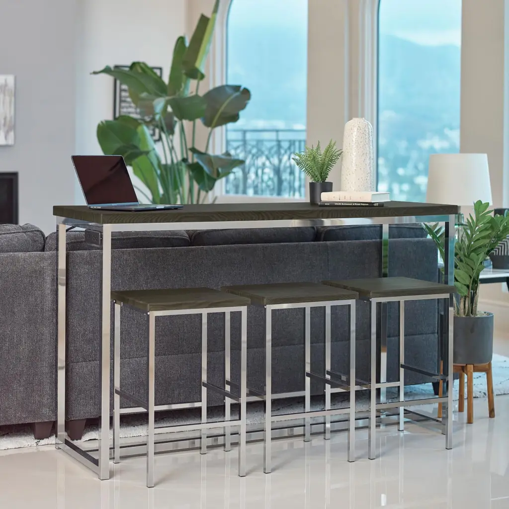Dark Oak And Chrome 4 Piece Counter Height Table Set Metal Wood Brown furniture max