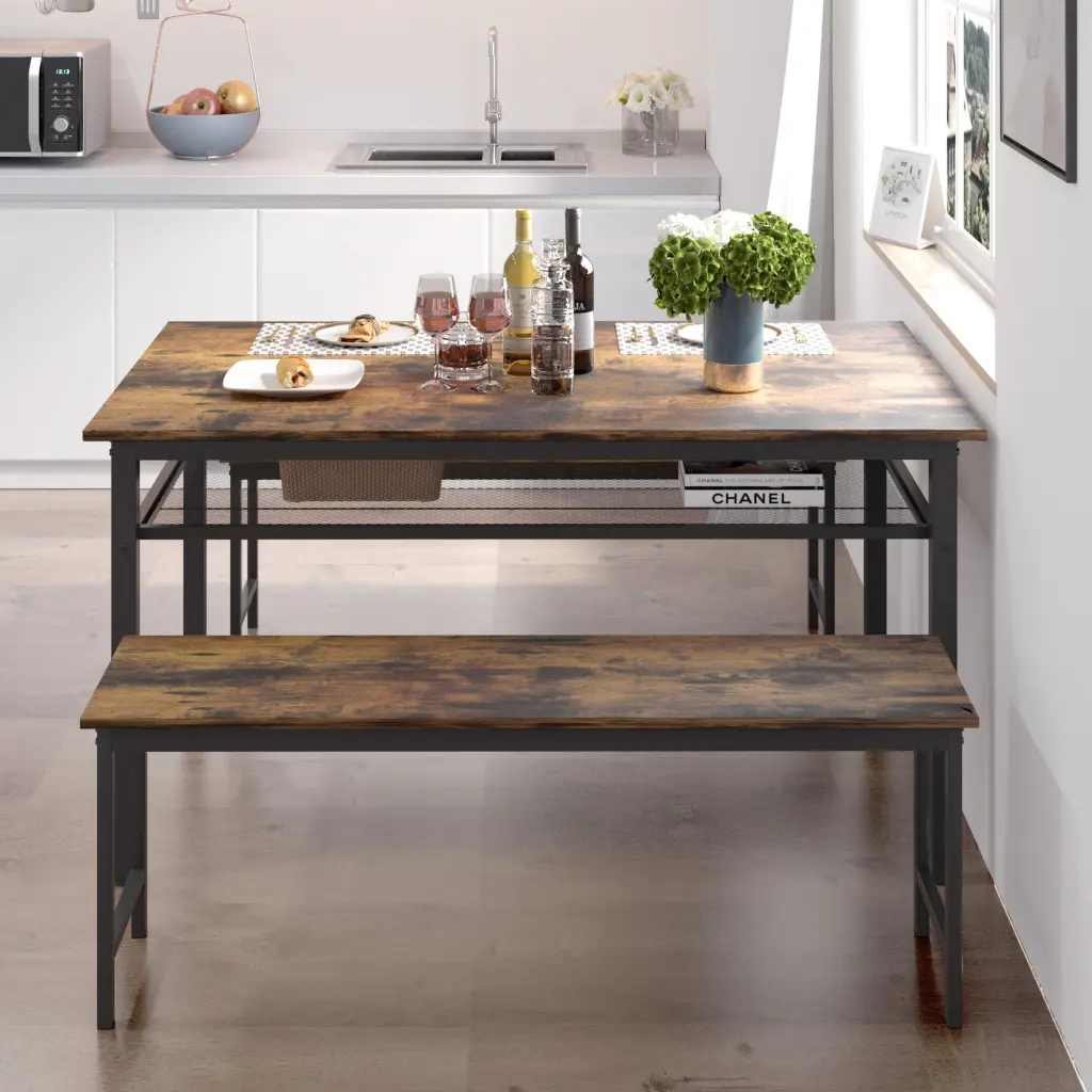 3 Piece Farmhouse Kitchen Table Set Two Benches Metal Frame Rustic Dining Furniture hs furniture