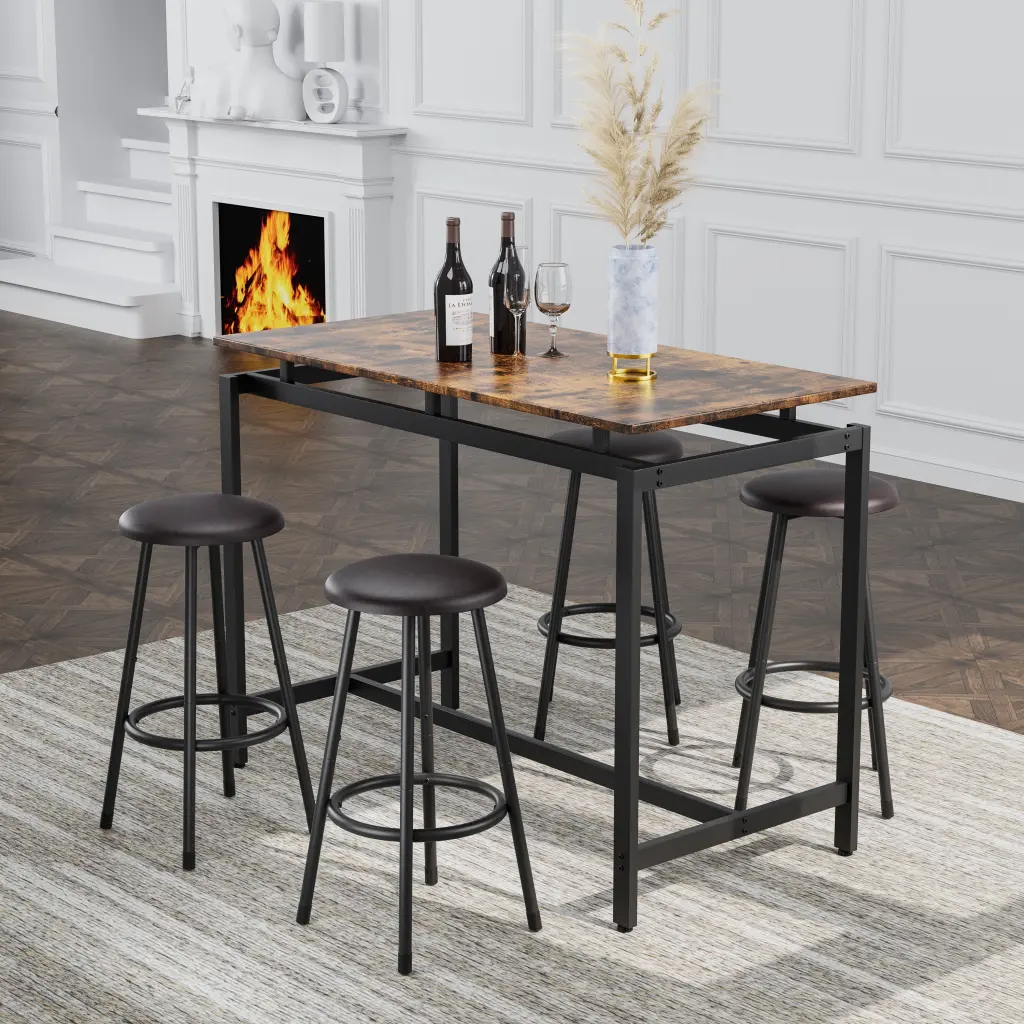 5 Piece Kitchen Counter Height Table Set 4 Stools Brown hs furniture