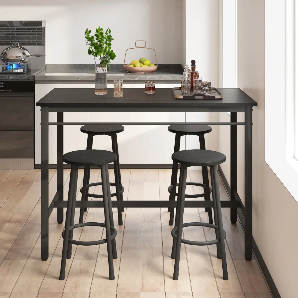 5 Piece Rural Kitchen Table Set Four Bar Stools, Metal Frame and MDF Top hs furniture