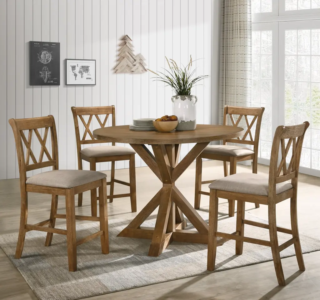 Windvale Cross Buck 5 Piece Counter Height Dining Set Tan Wood hz