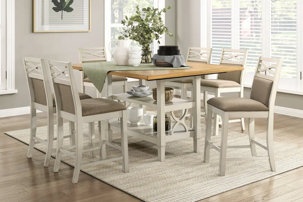 7 Piece Dining Set Counter Height Table Base 2 Shelves 6 Upholstered Chairs kanepe