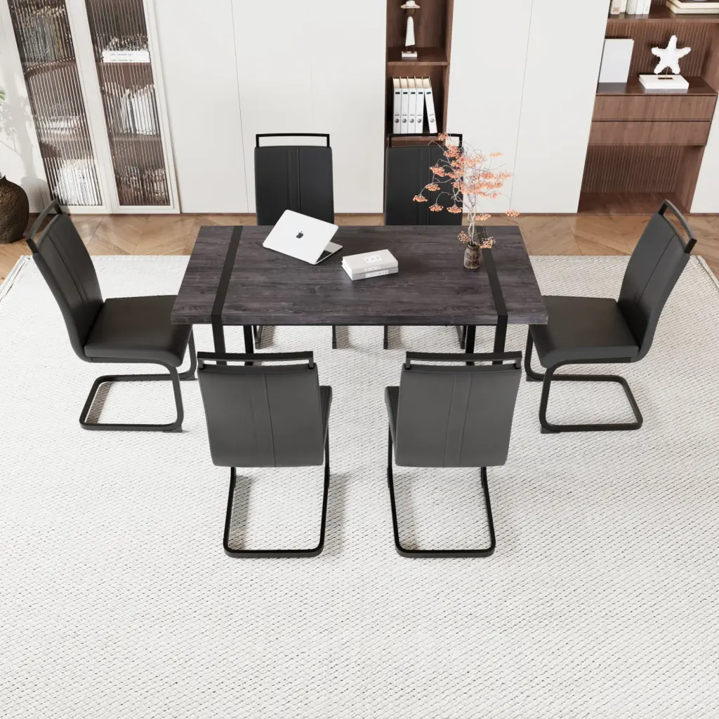 59 Inch Rural Industrial Rectangular MDF Black Dining Table Set PU Arm Chairs nuoli furniture