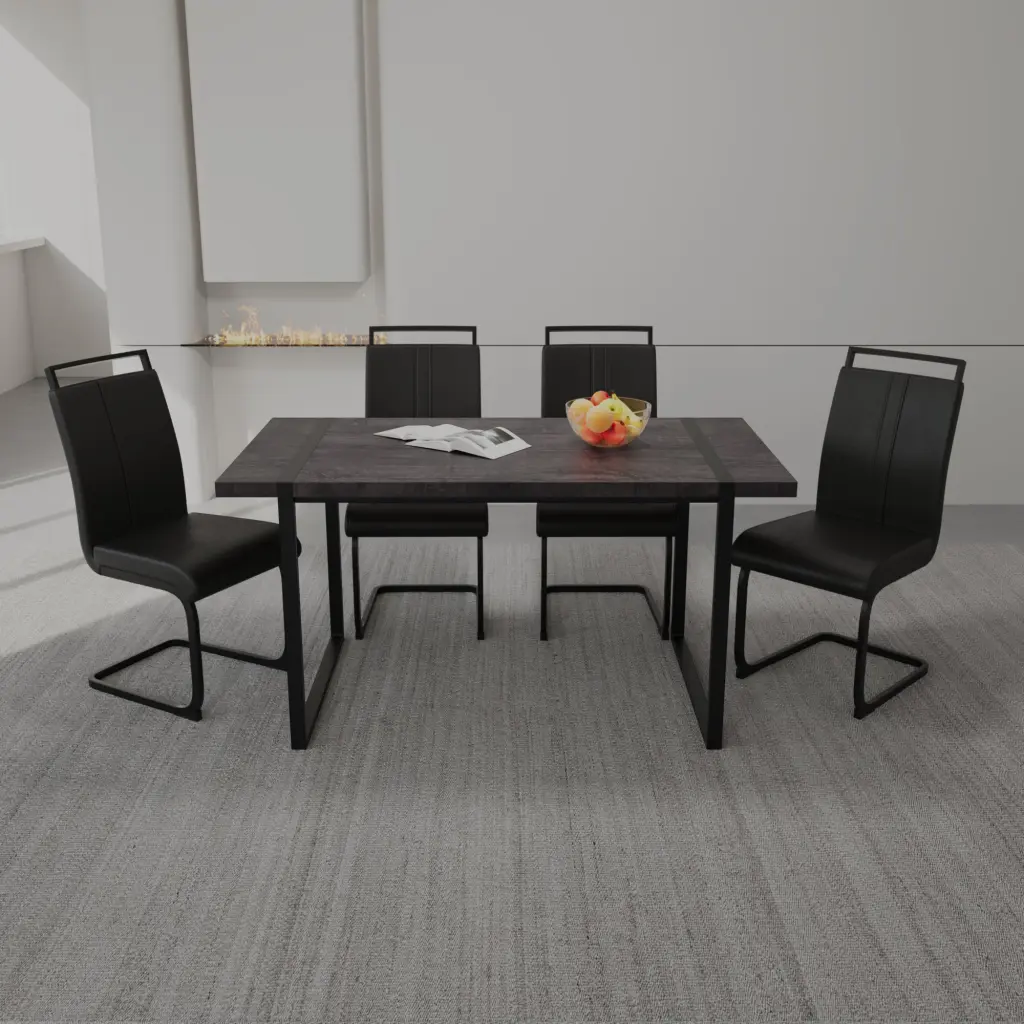 59 Inch Rural Industrial Rectangular MDF Black Dining Table Set PU Arm Chairs nuoli furniture