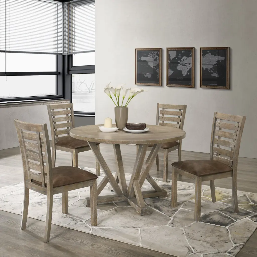 5Pcs Table Set Round Dining Table Solid Wood Modern Farmhouse Rustic Kitchen Dining Room Furniture rnb