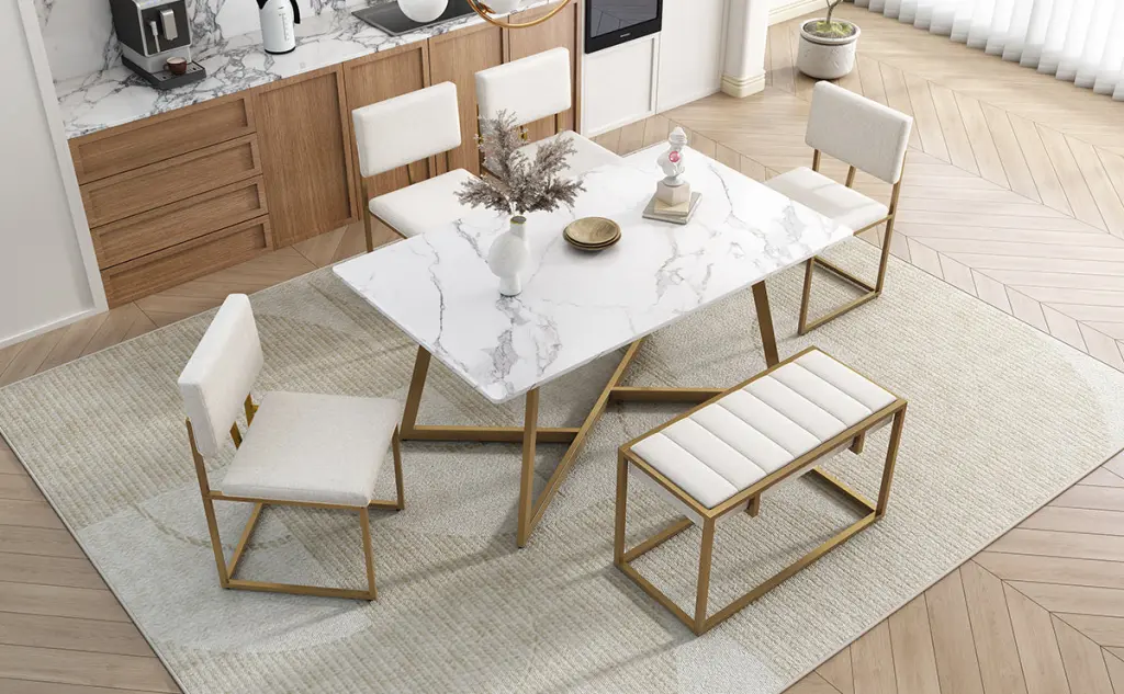 Modern Faux Marble 6 Piece Dining Table Set 60 Inch Metal Kitchen Table rnb