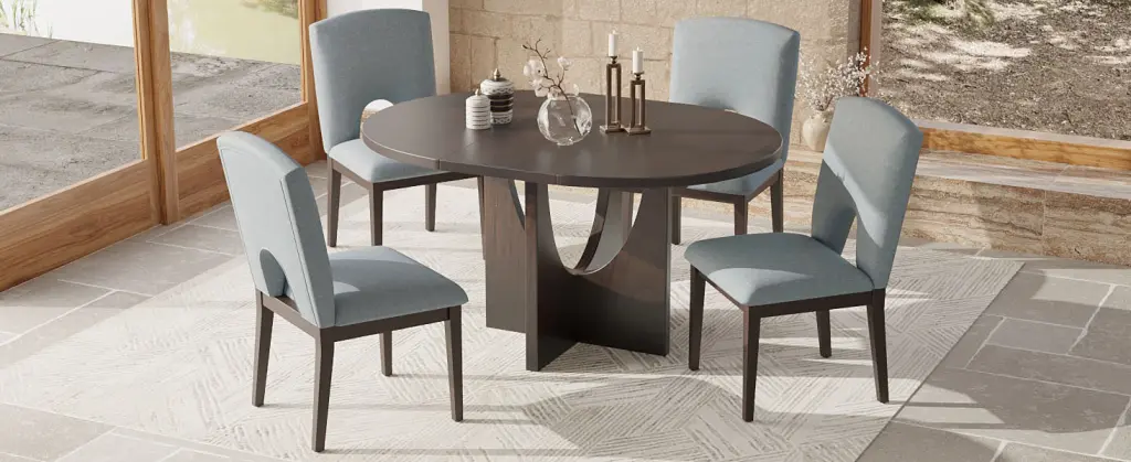 Modern 5 Piece Extendable Round Dining Table Set 16.2 Inch Removable Leaf rnb
