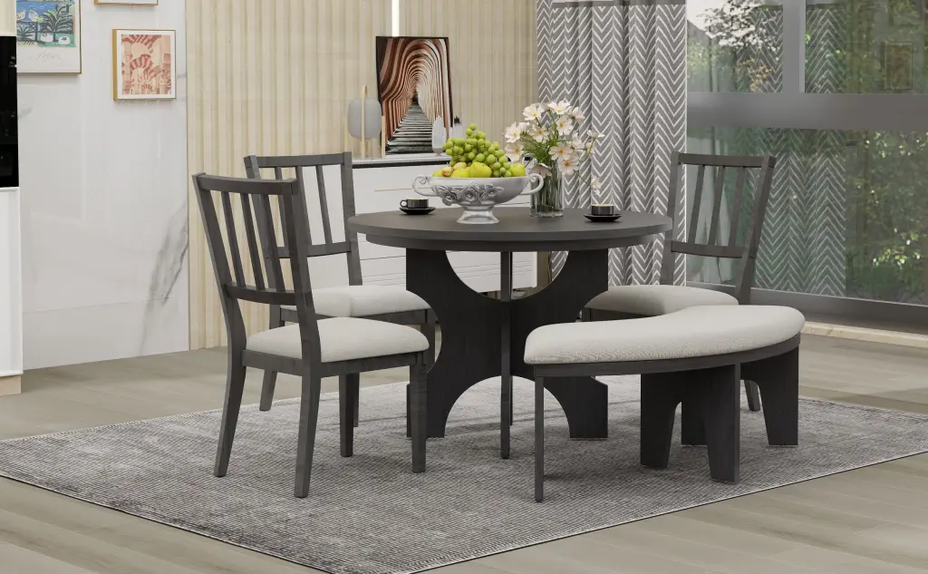 5 Piece Dining Table Set 44" Round Dining Table Curved Bench & Chairs rnb