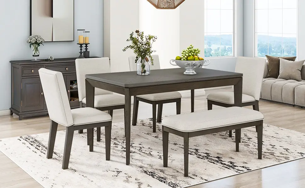 6 Piece Farmhouse Dining Table Set Upholstered Chairs and Bench rnb