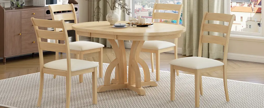 5 Piece Farmhouse Round Pedestal Extending Dining Table Set Extendable Kitchen and Dining Room rnb