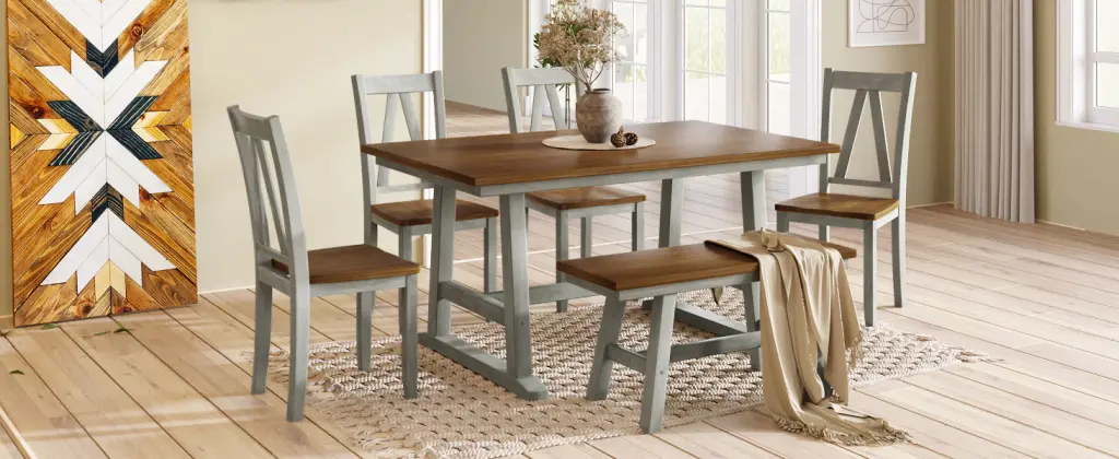 6 Piece Wood Dining Table Set Kitchen Table Set Long Bench And 4 Chairs rnb