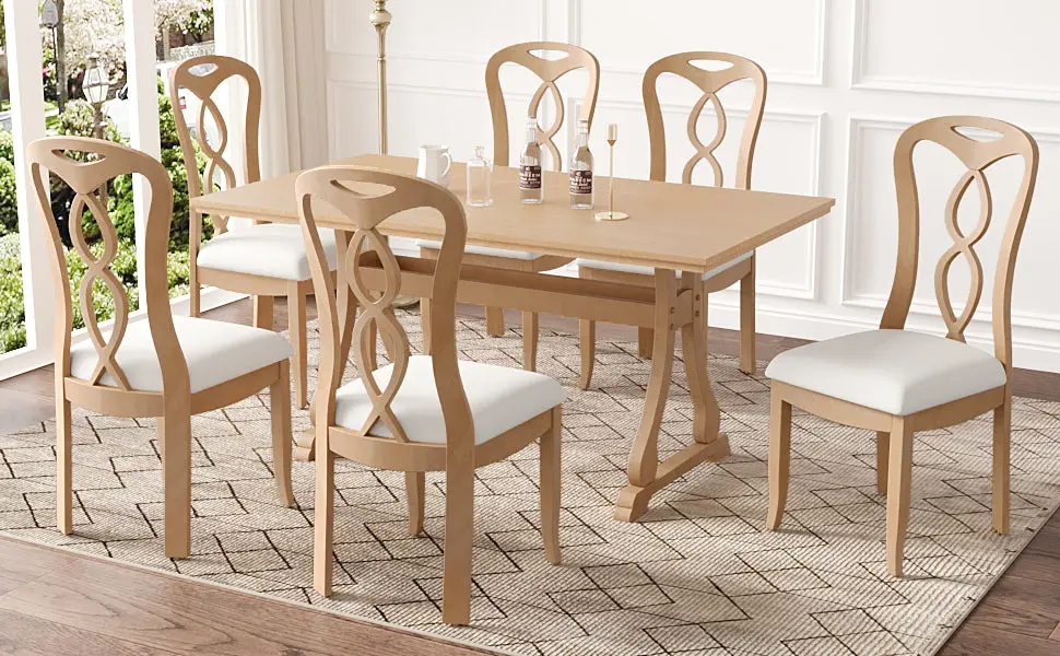 Retro 7 Piece Trestle Dining Table Set Upholstered Dining Chairs rnb