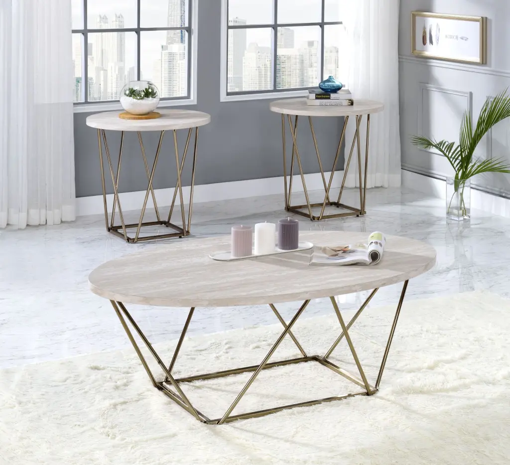Rowyn 3 Piece Table Set Faux Marble Paper Top White Iron - Dining Room Set steve silver furniture