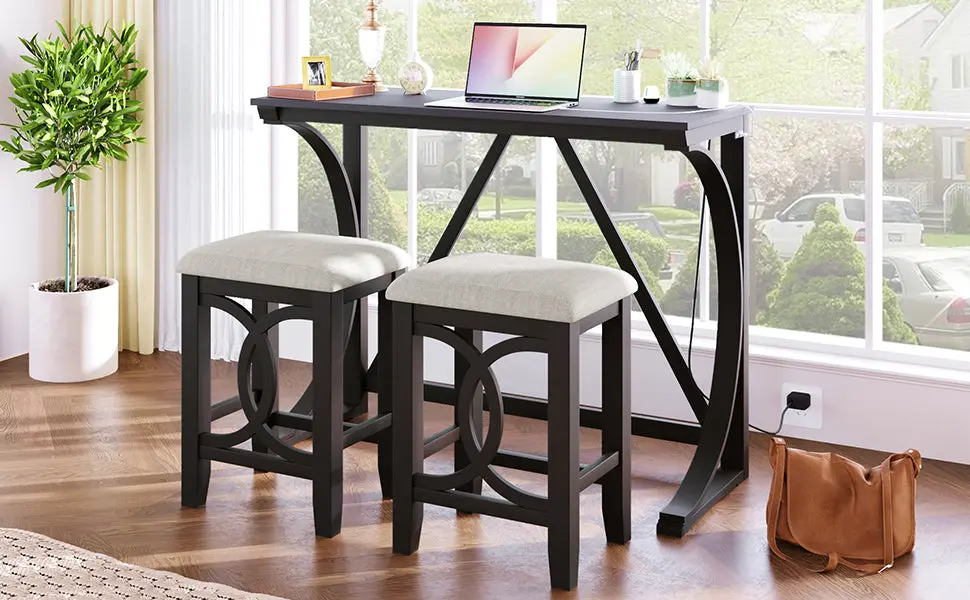 Farmhouse 3 Piece Counter Height Dining Table Set USB Port topmax