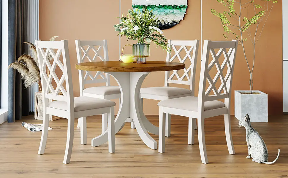 Mid Century Solid Wood 5 Piece Round Dining Table Set Kitchen topmax