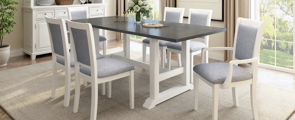 7 Piece Updated 76.9 Inch Extendable Trestle Dining Table Set Removable Leaves topmax
