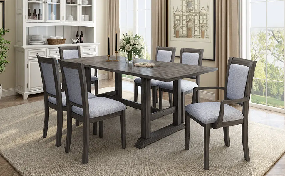 7 Piece Updated 76.9 Inch Extendable Trestle Dining Table Set Removable Leaf topmax