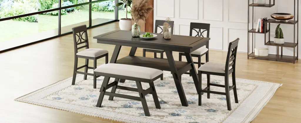 6 Piece Wood Counter Height Dining Table Set Storage Shelf Kitchen topmax