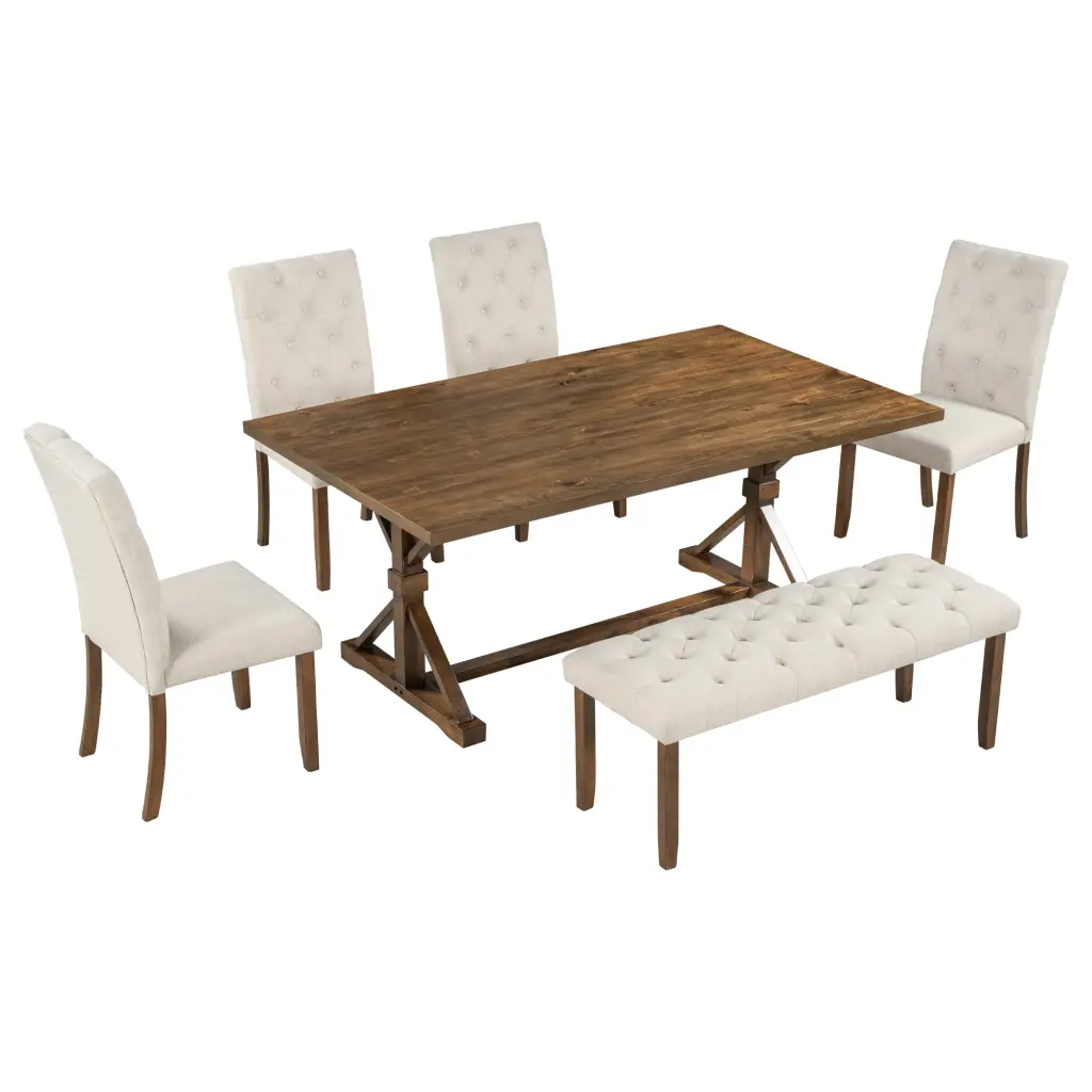 6 Piece Farmhouse Dining Table Set 72 Inch Wood Rectangular Table 4 Upholstered Chairs trexm