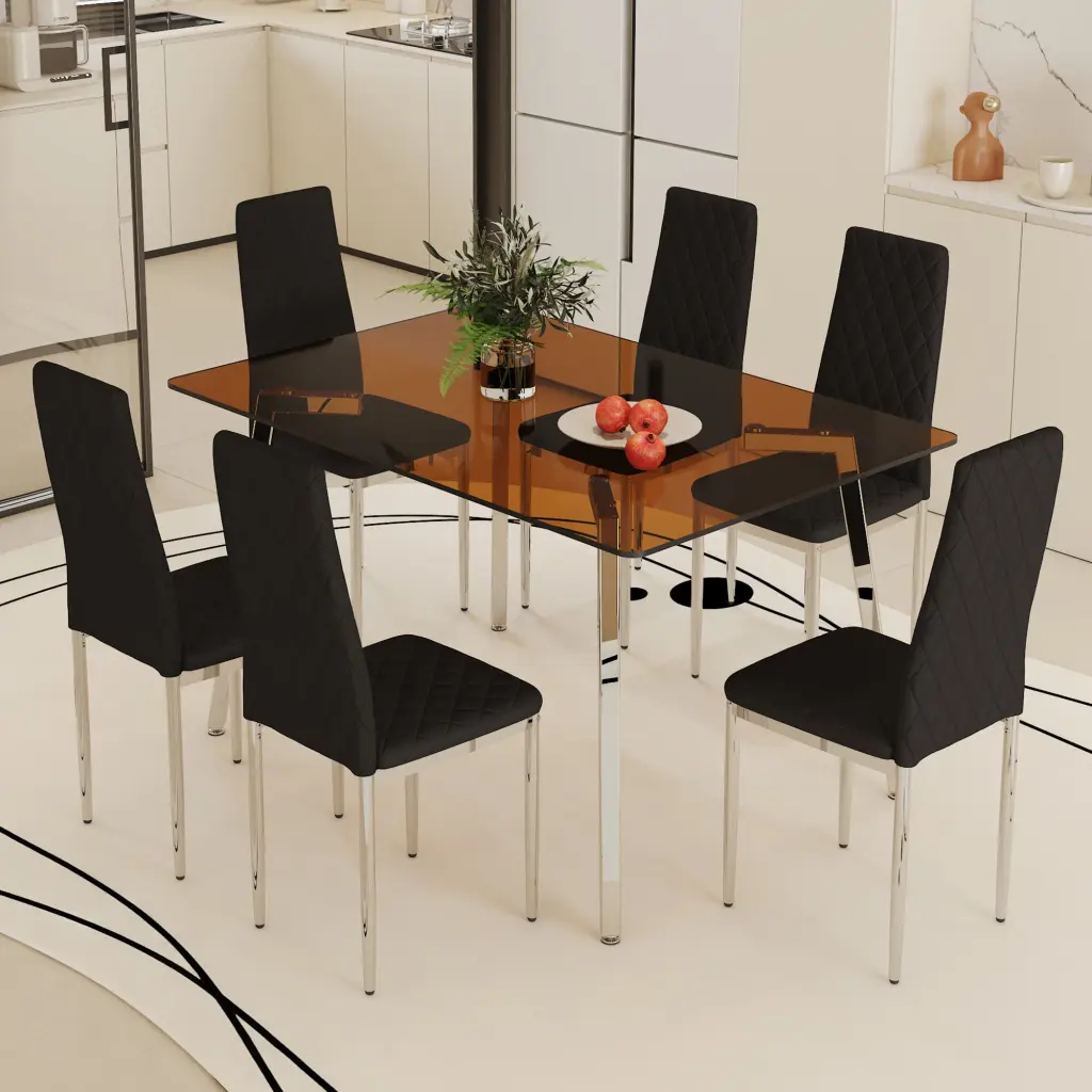 Large Modern Rectangular Dining Table Brown Glass Top and Chair Set droom w-1151