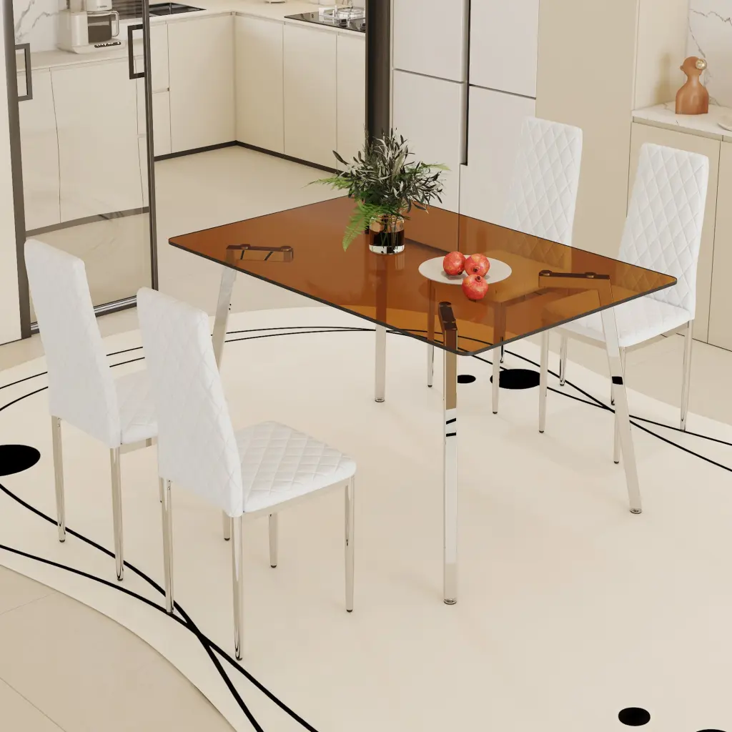 Modern Rectangular Dining Table and Chair Set Brown Glass Top droom w-1151